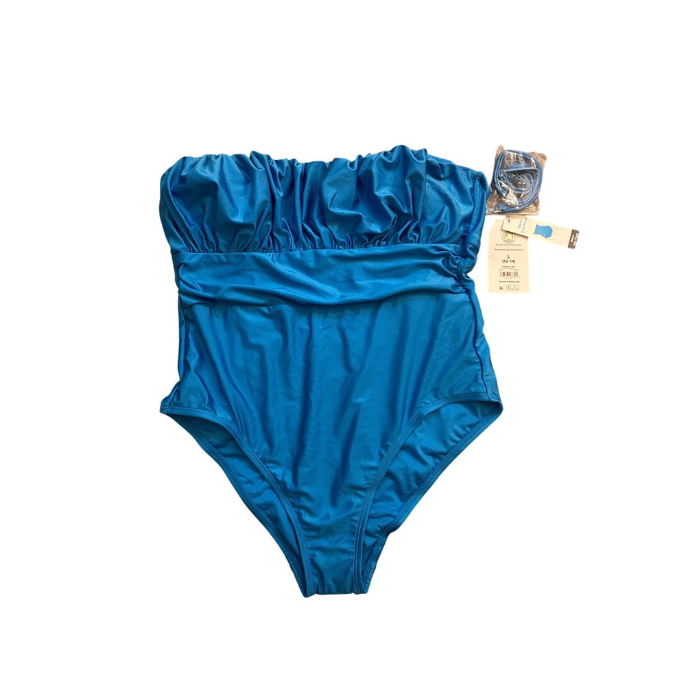 Time and Tru One Piece Swimsuit Women L Turquoise Blue NEW Ruched Bandeau Cutout